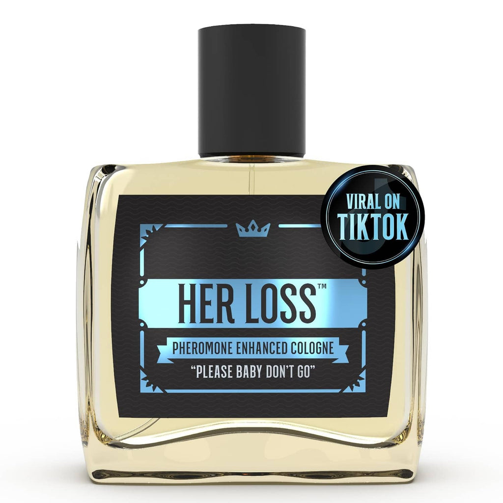 Men's pheromone cologne bottle with gold glass and black cap, front square label