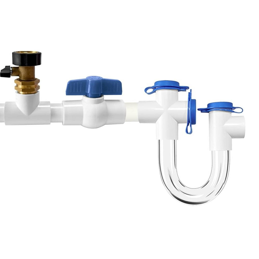 3/4 in PVC drain line cleaner fitting with blue handles and chrome U-bend