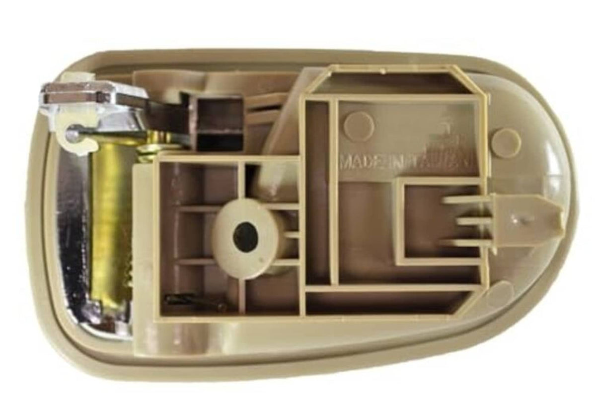 Beige interior door handle mechanism assembly with exposed latch components