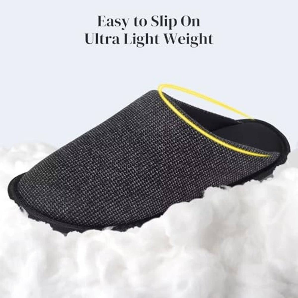 Men's black waffle-knit slip-on scuff slippers with black interior and grippy sole