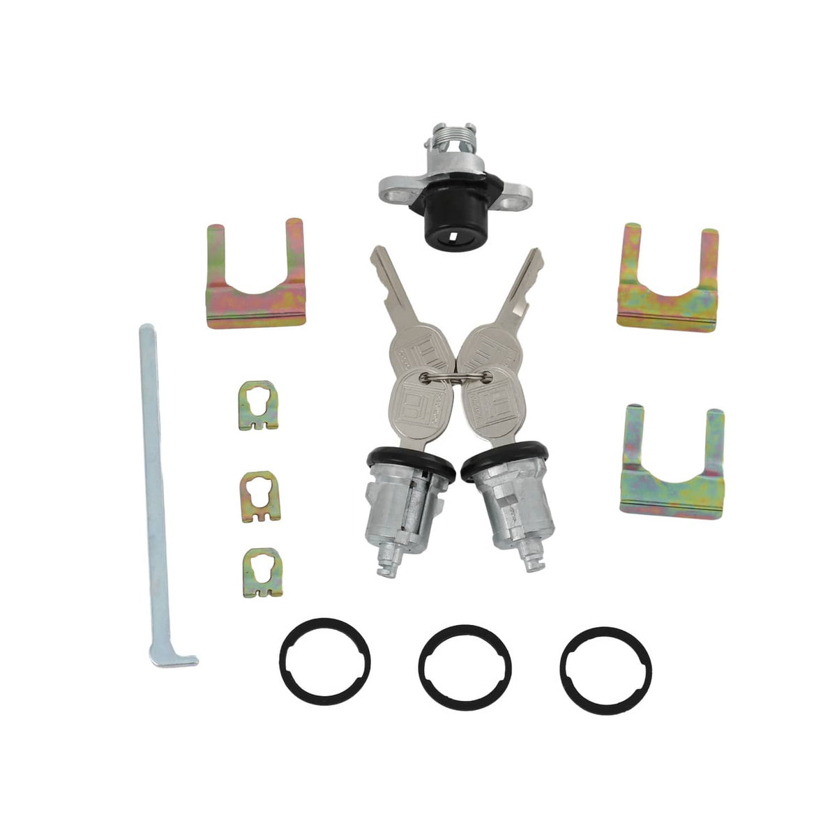 Lock cylinder set components with two keys, three mounting brackets, and circular seals