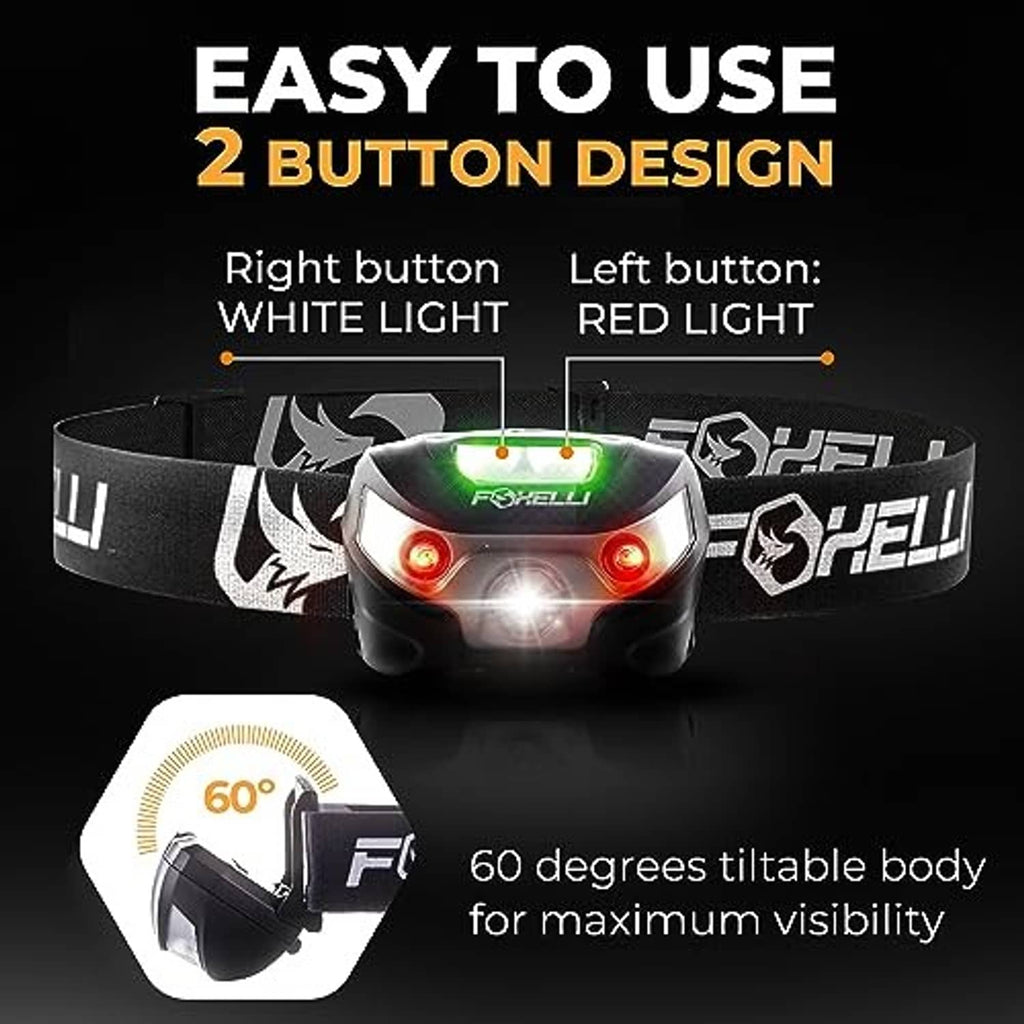 Foxelli rechargeable LED headlamp with two-button controls and tilting front light
