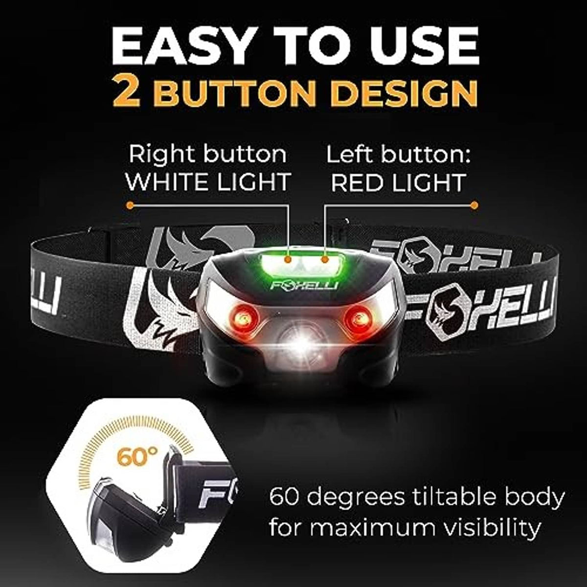 Foxelli rechargeable LED headlamp with two-button controls and tilting front light
