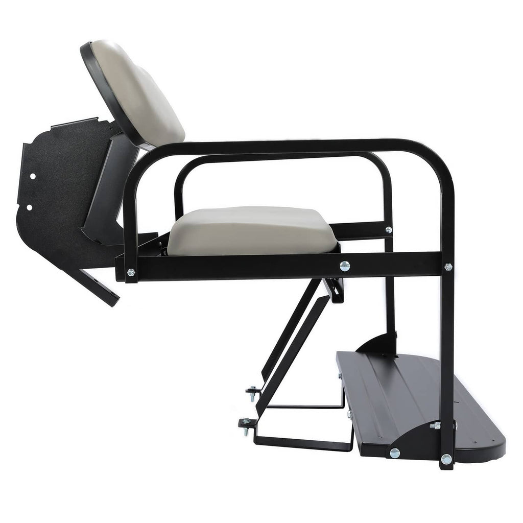 Gray golf cart rear flip seat kit with black arm supports and side platform