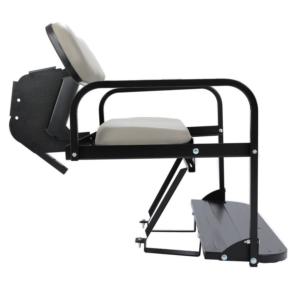 Gray golf cart rear flip seat kit with black arm supports and side platform