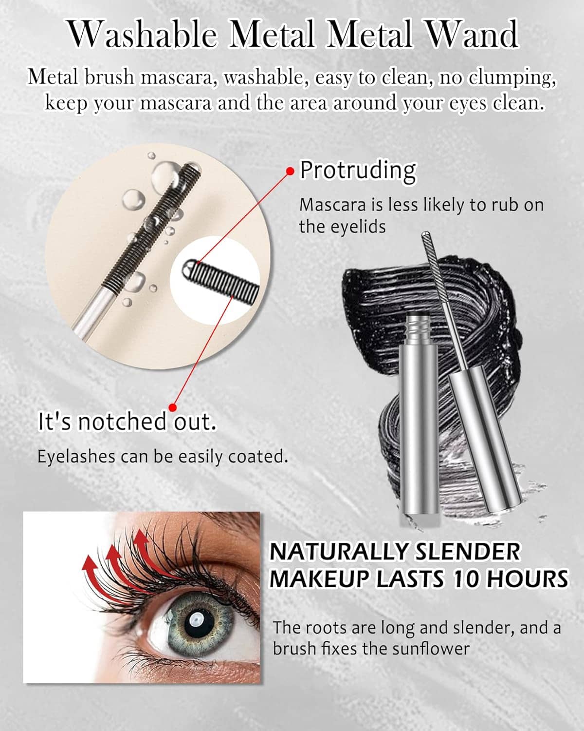 Washable metal wand mascara with notched brush, silver tube and black mascara swirls
