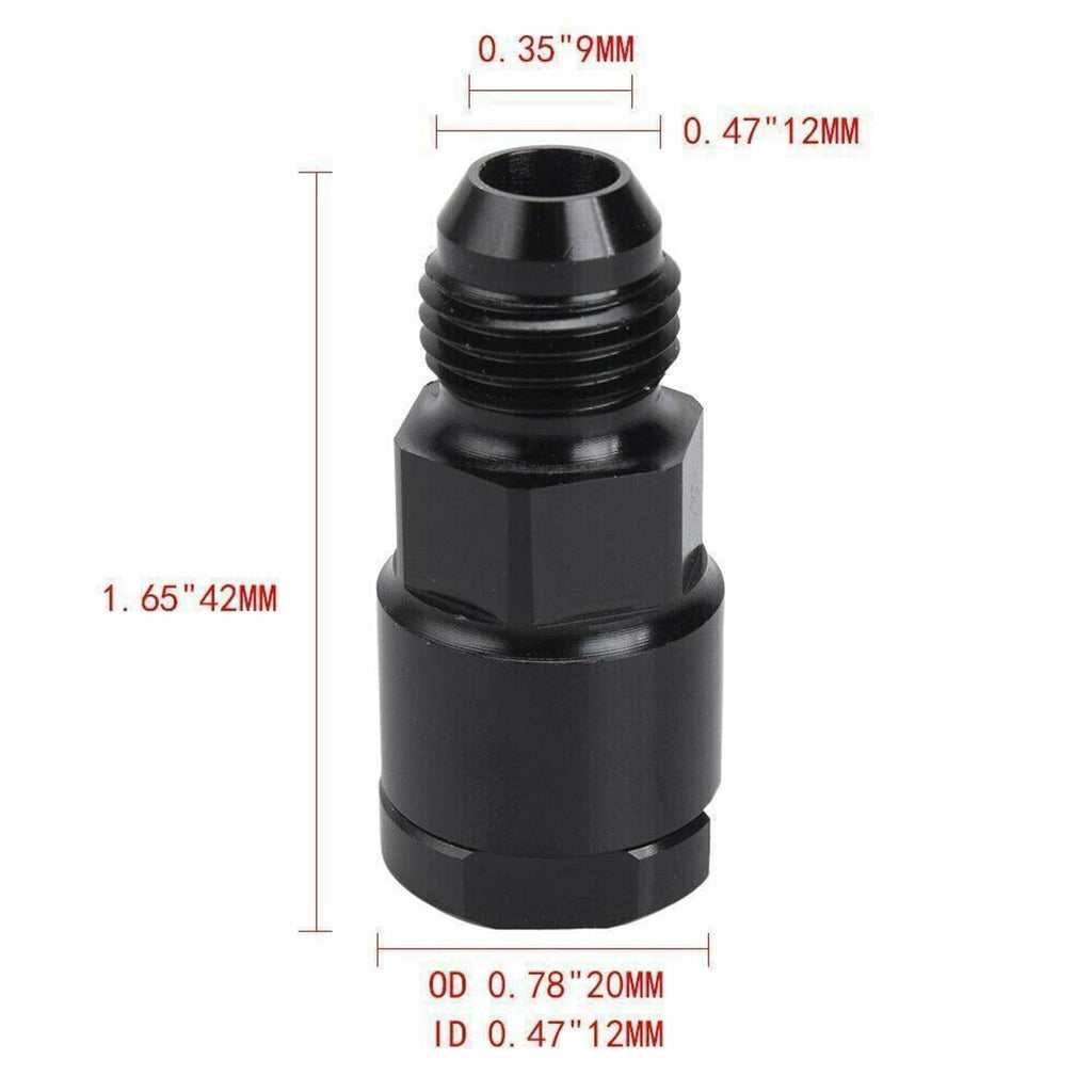 Black 6AN fuel adapter with measured dimensions, OD 0.78 in, ID 0.47 in