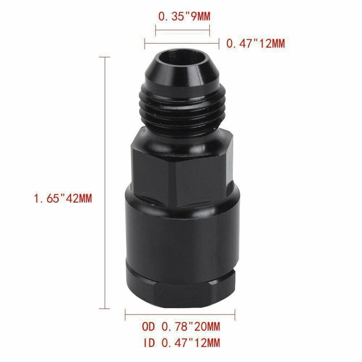 Black 6AN fuel adapter with measured dimensions, OD 0.78 in, ID 0.47 in