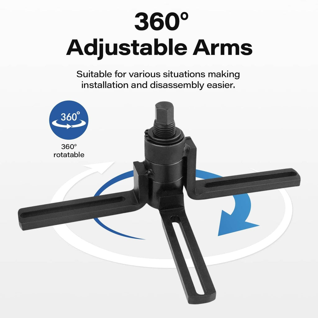Adjustable crankshaft installer with three black arms and 360-degree rotatable head