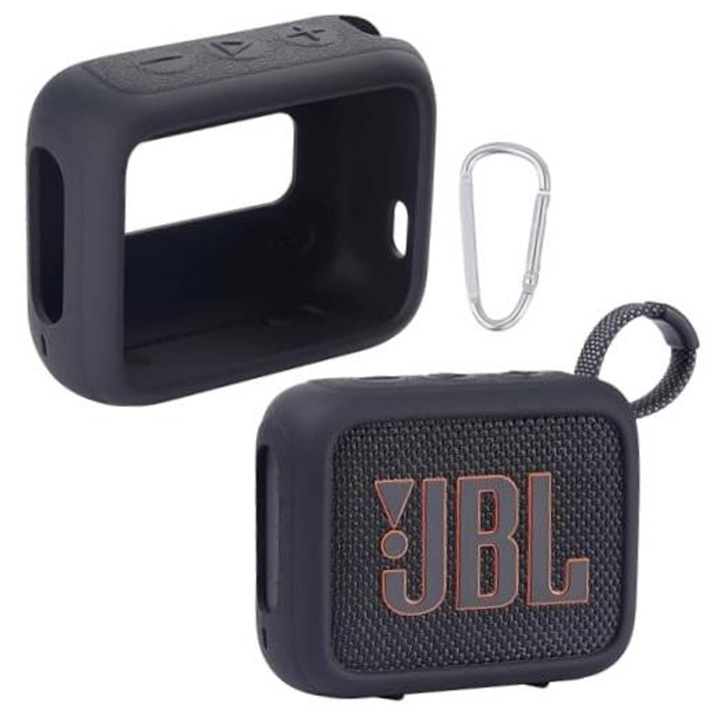 Black silicone speaker case with cutouts and carabiner clip