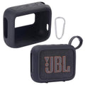 Black silicone speaker case with cutouts and carabiner clip