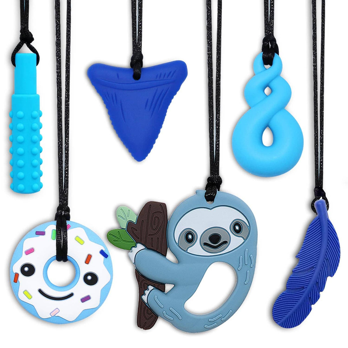 6-pack silicone chew necklaces on black cords featuring sloth face, triangle, feather and drop
