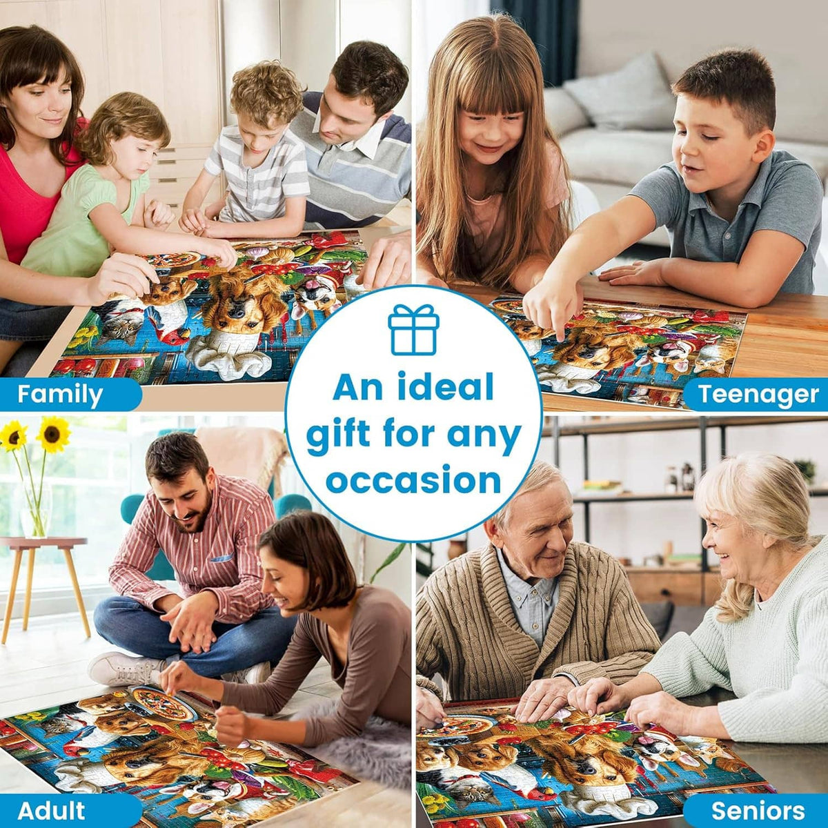 Family and teens assembling a jigsaw puzzle together on a living-room table