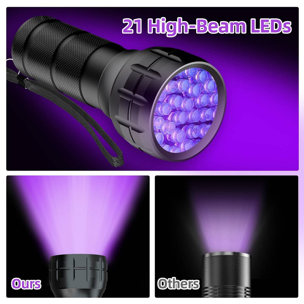 Black UV flashlight with round lens glowing purple for AC leak detection