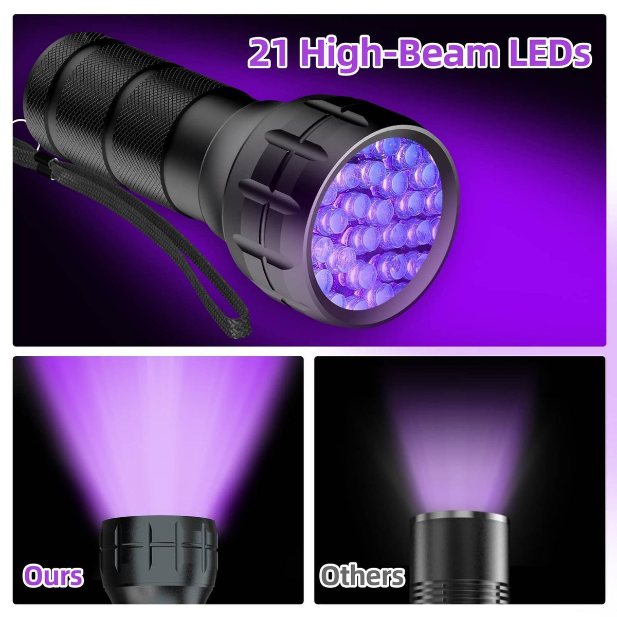 Black UV flashlight with round lens glowing purple for AC leak detection