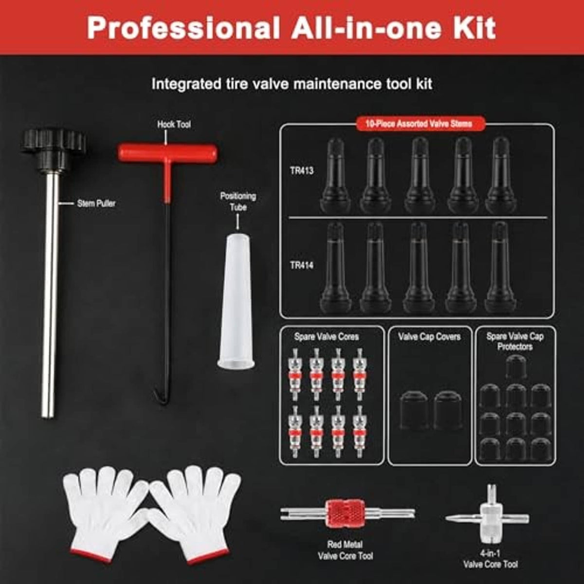 All-in-one tire valve maintenance kit with tools, spare valve cores, and caps