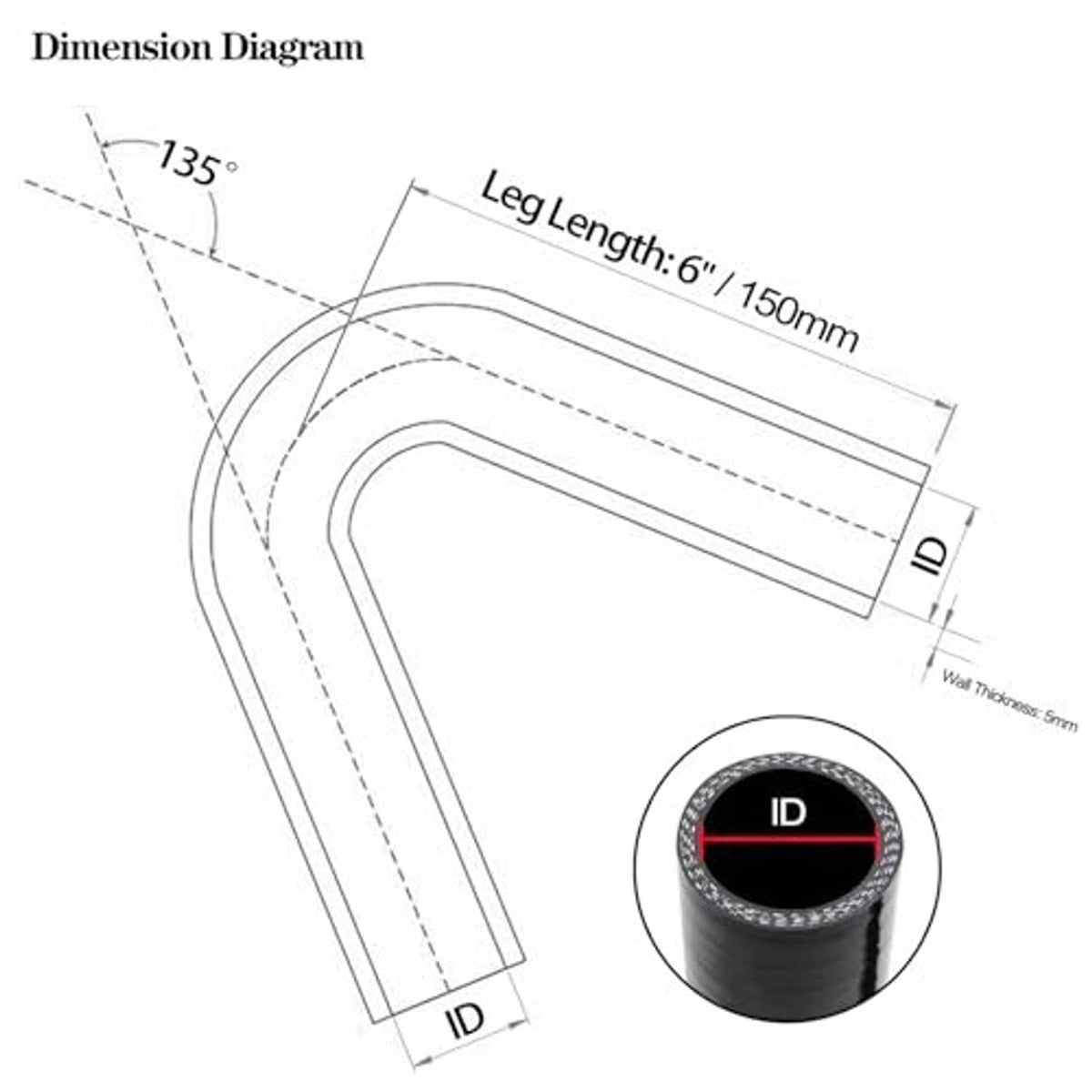 Black silicone 135-degree elbow coupler with dimension diagram overlay