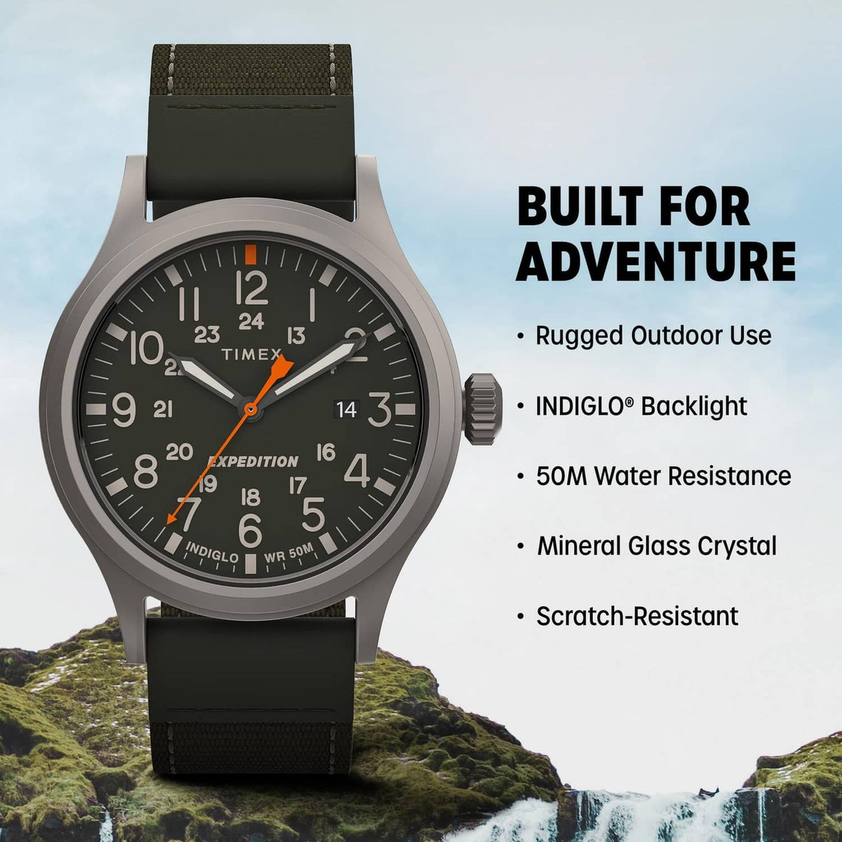 Timex Expedition 40mm watch with gray case and dark green rubber strap, dark dial