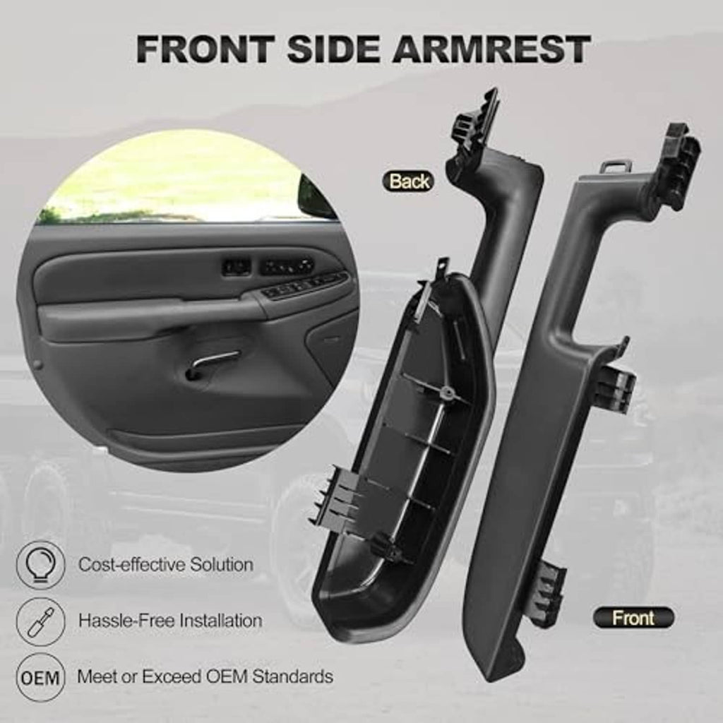 Front armrest repair kit, black plastic panel with mounting tabs and brackets