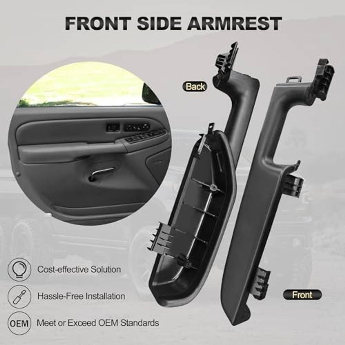 Front armrest repair kit, black plastic panel with mounting tabs and brackets