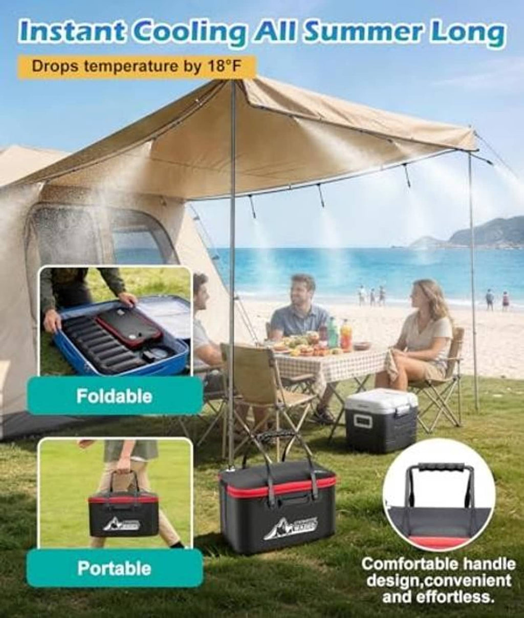 Portable misting cooler with foldable carry handle and black/red 6-gal tank