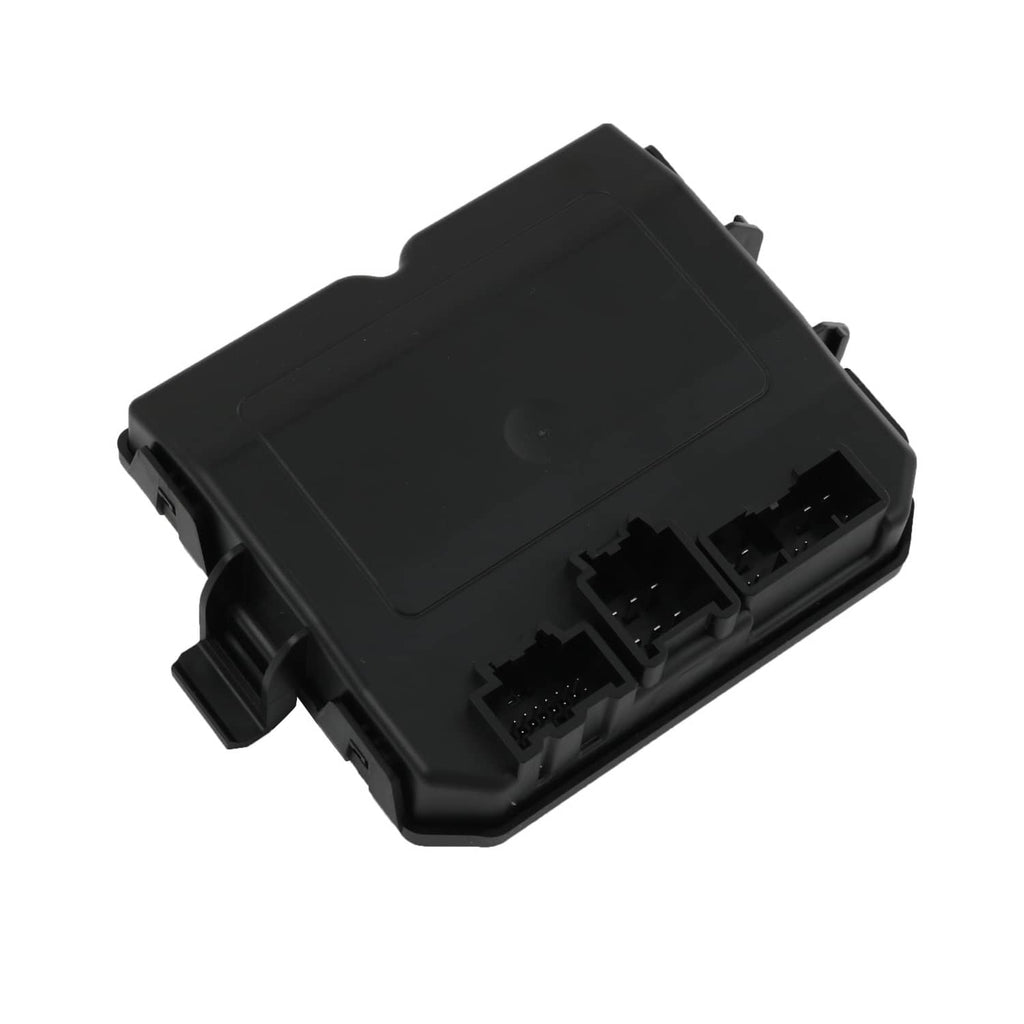 Rear liftgate control module in black plastic housing with multi-pin electrical connectors