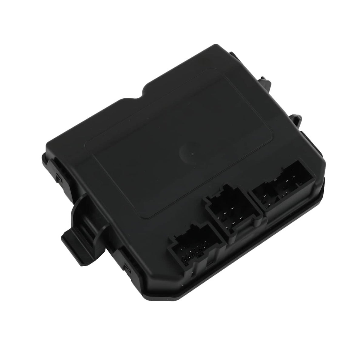 Rear liftgate control module in black plastic housing with multi-pin electrical connectors