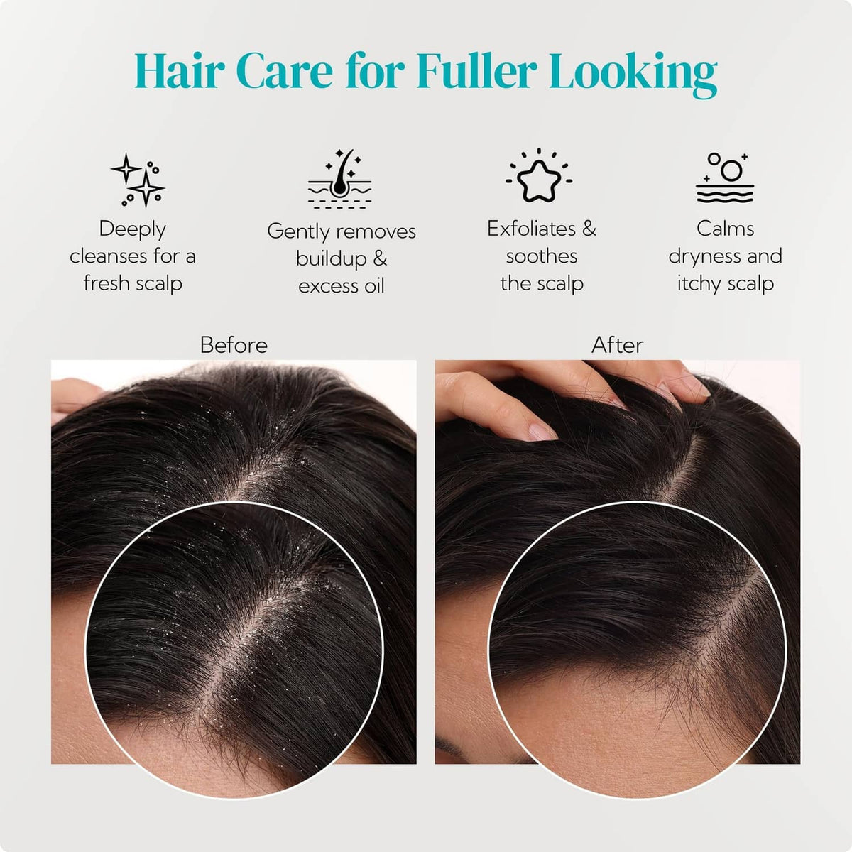 Close-up scalp and hair showing before and after grooming results.