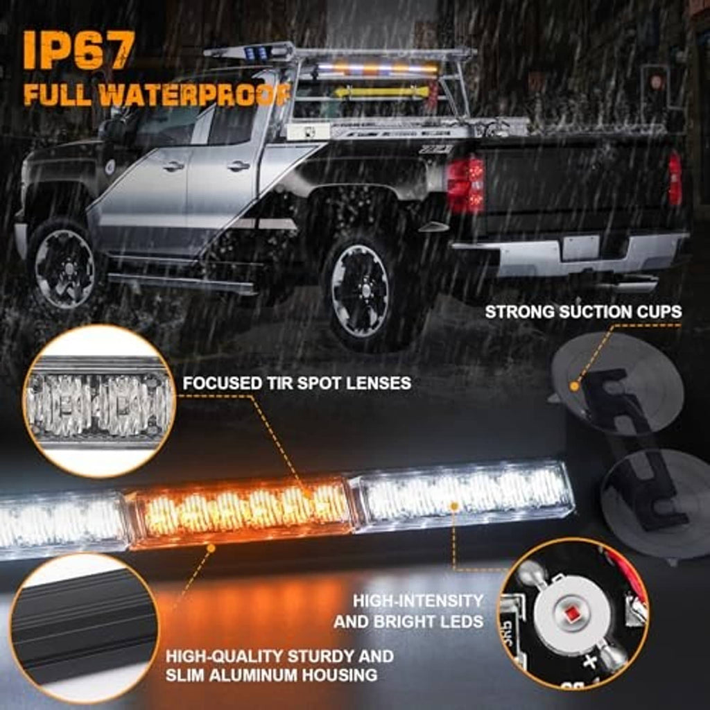 IP67 traffic light bar with high-intensity amber/white LEDs, suction cups, and lenses