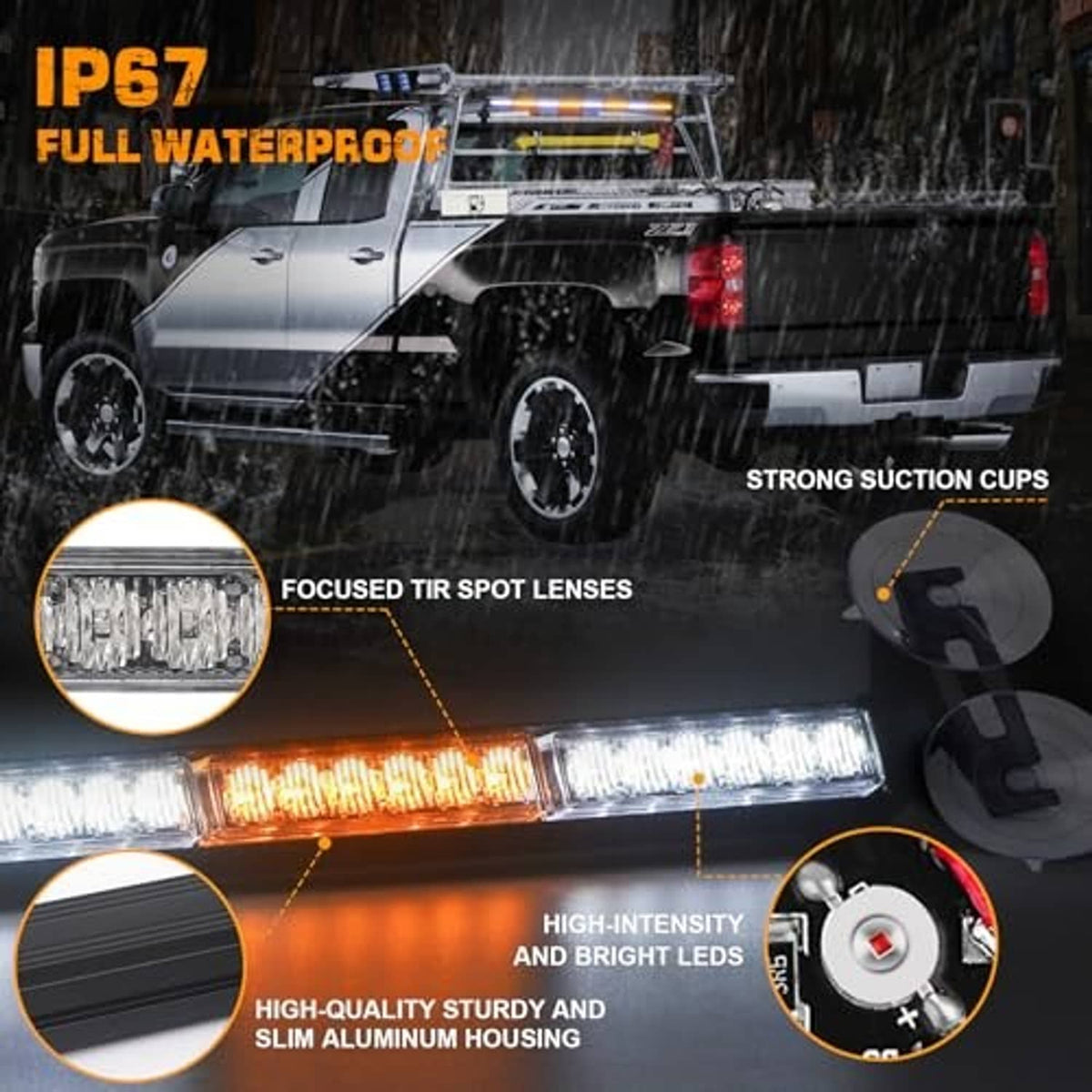 IP67 traffic light bar with high-intensity amber/white LEDs, suction cups, and lenses