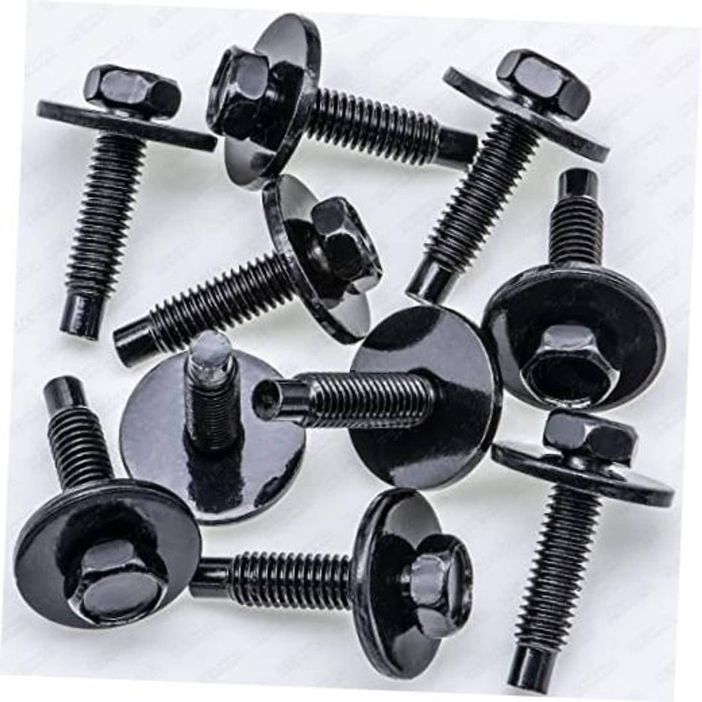 Set of black hex-head SEMS bolts with flange washers, visible threads and shanks