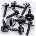 Set of black hex-head SEMS bolts with flange washers, visible threads and shanks