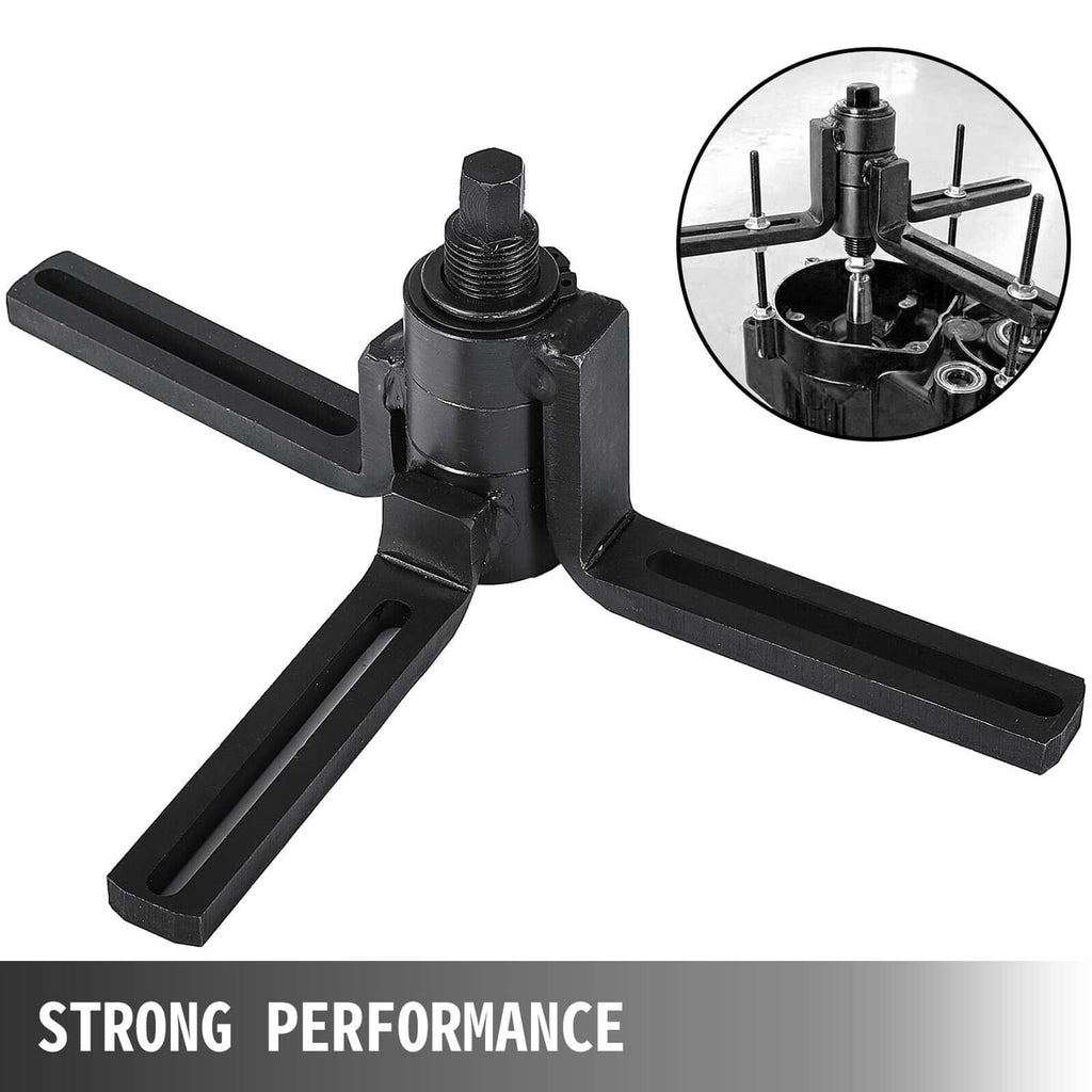 Black crankcase splitter tool with long handle arm and center threaded post