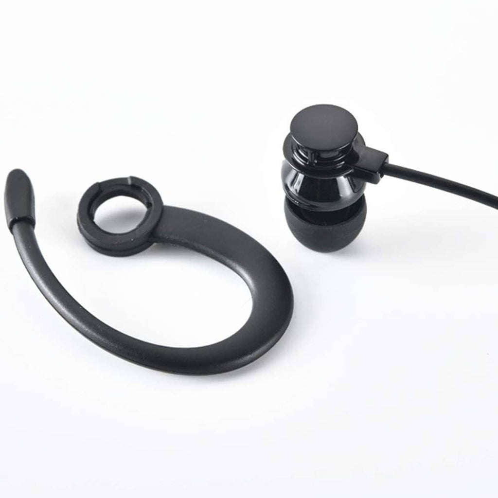 Black in-ear earbuds with earhooks and soft ear tip cushions.