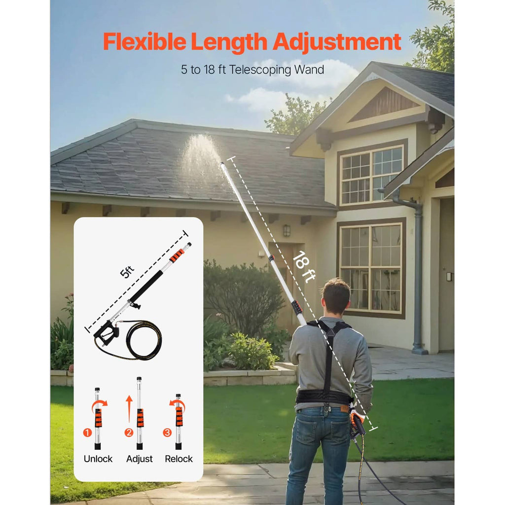Telescoping pressure washer wand with support harness, shown extended for use