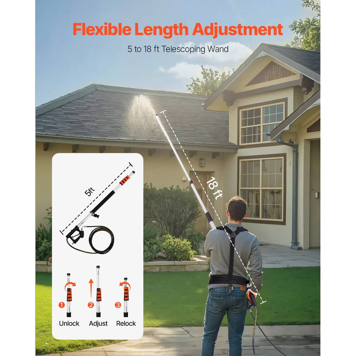 Telescoping pressure washer wand with support harness, shown extended for use