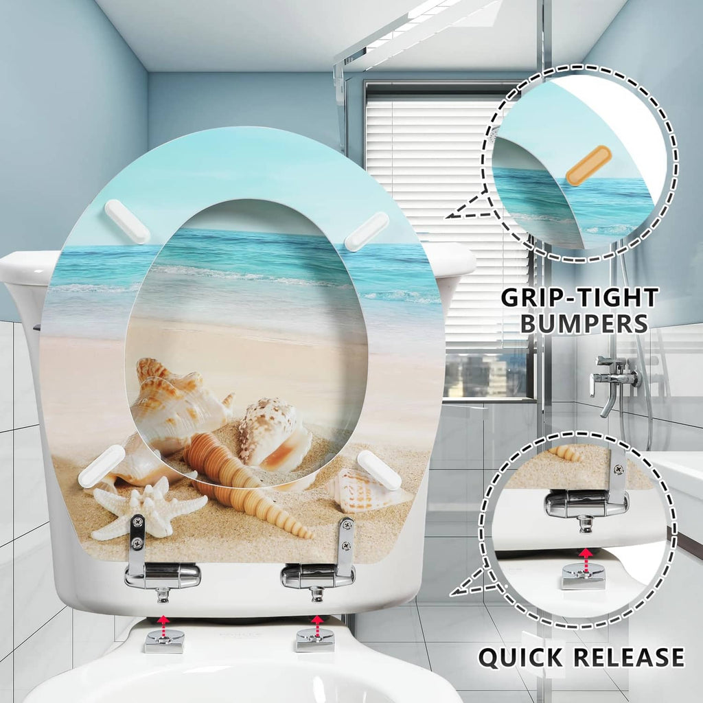 Round toilet seat with beach ocean graphic, grip-tight bumpers and quick release
