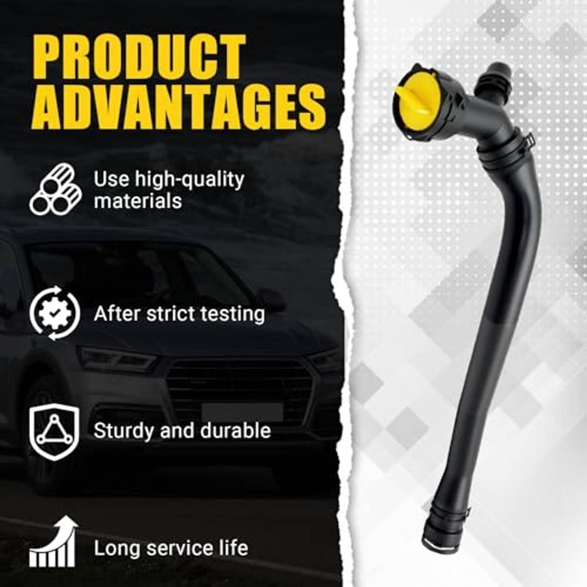 Black upper radiator coolant hose with yellow cap outlet and side connector details