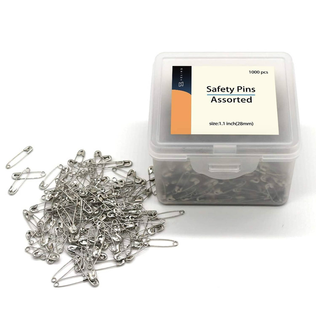 Assorted safety pins with 1000-piece clear plastic storage box