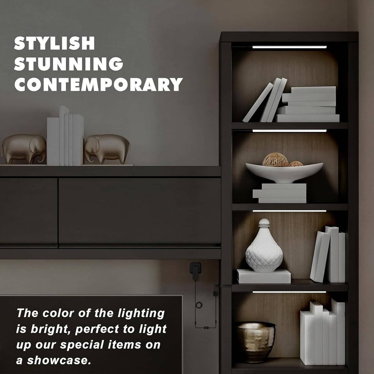 LED bars installed on a display cabinet shelf for bright interior lighting