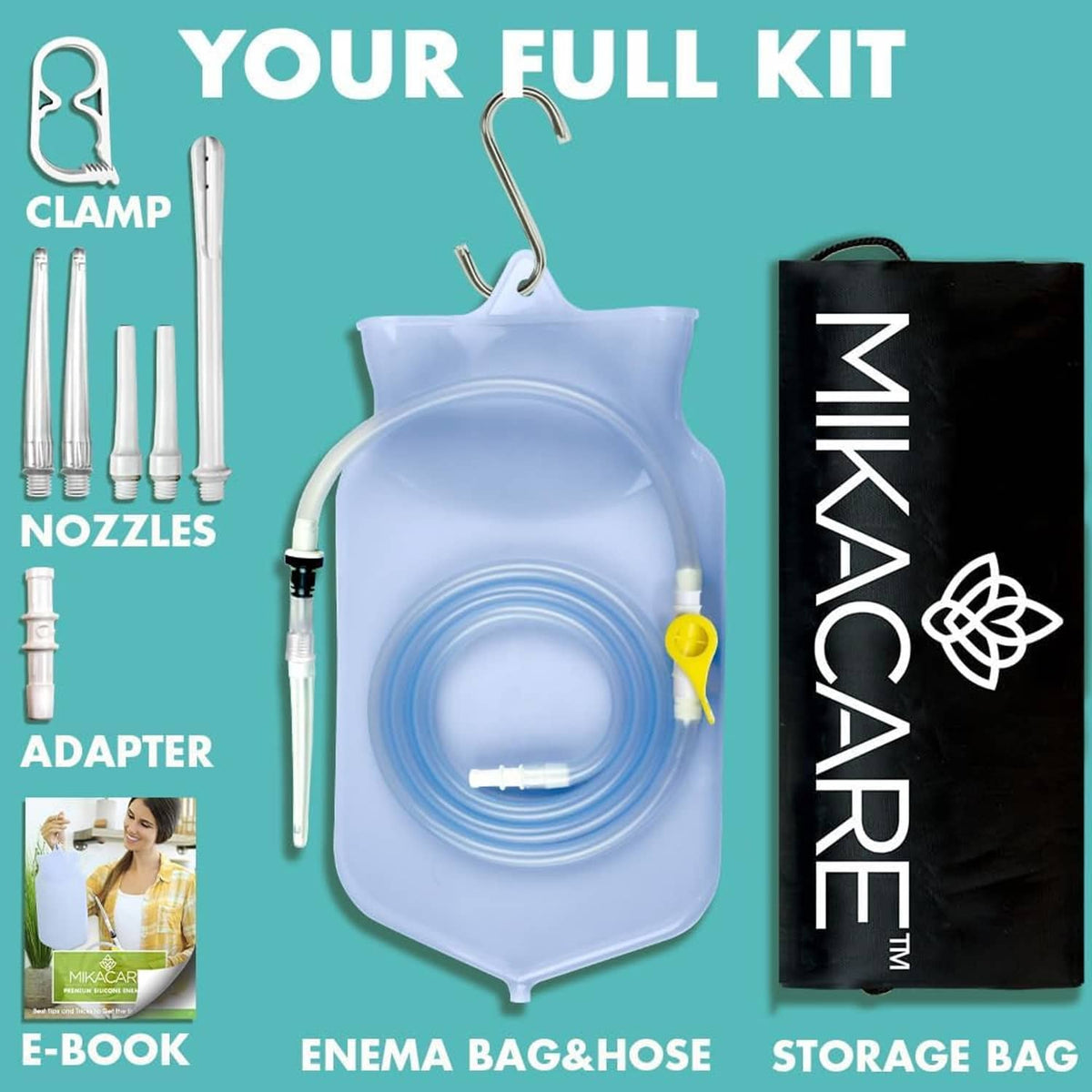 Enema bag and hose kit components with clamp, nozzles, adapter and storage bag