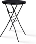Round black high-top folding cocktail table with plastic tabletop and folding metal legs