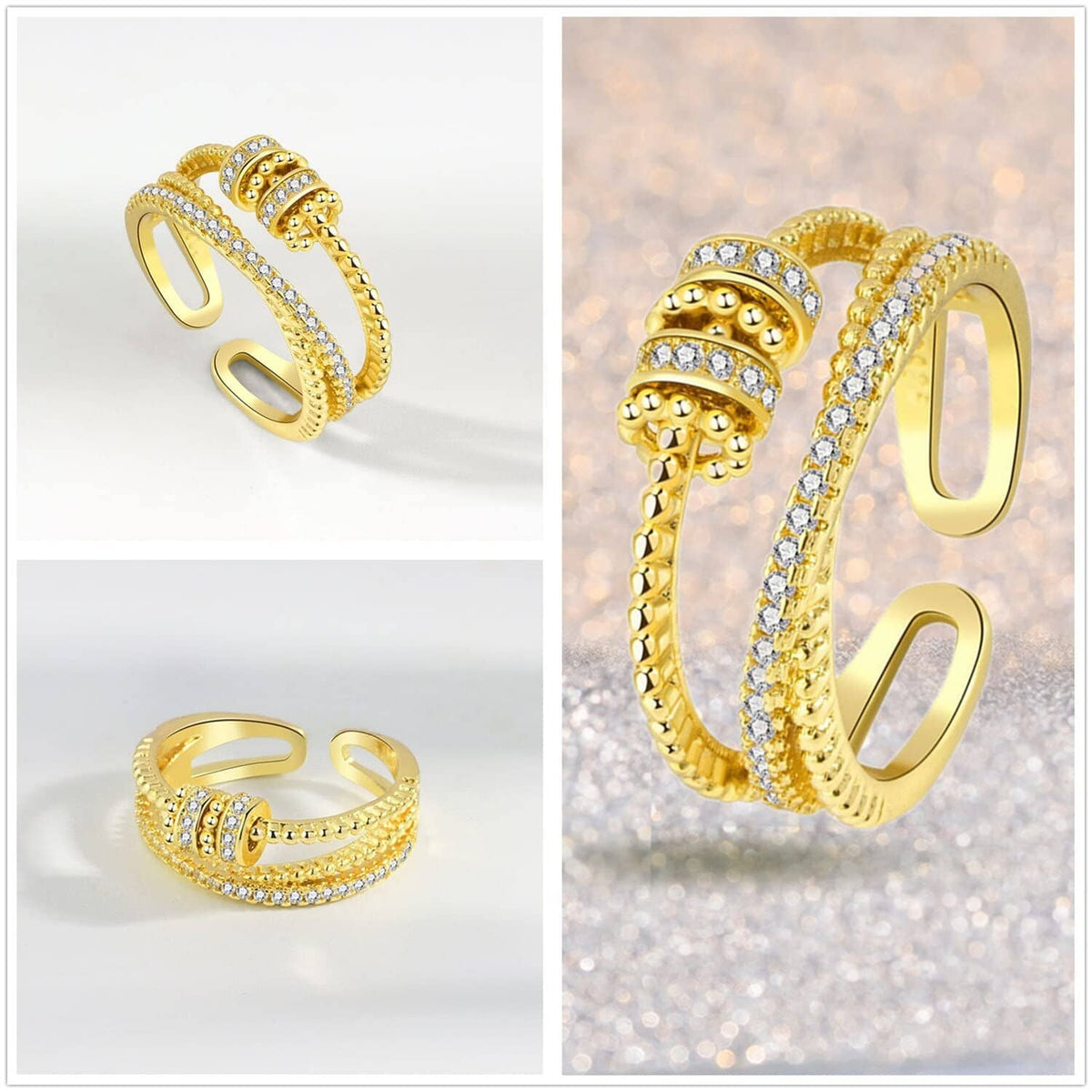 Gold-tone fidget ring shown from two angles with textured bead band and clear stones