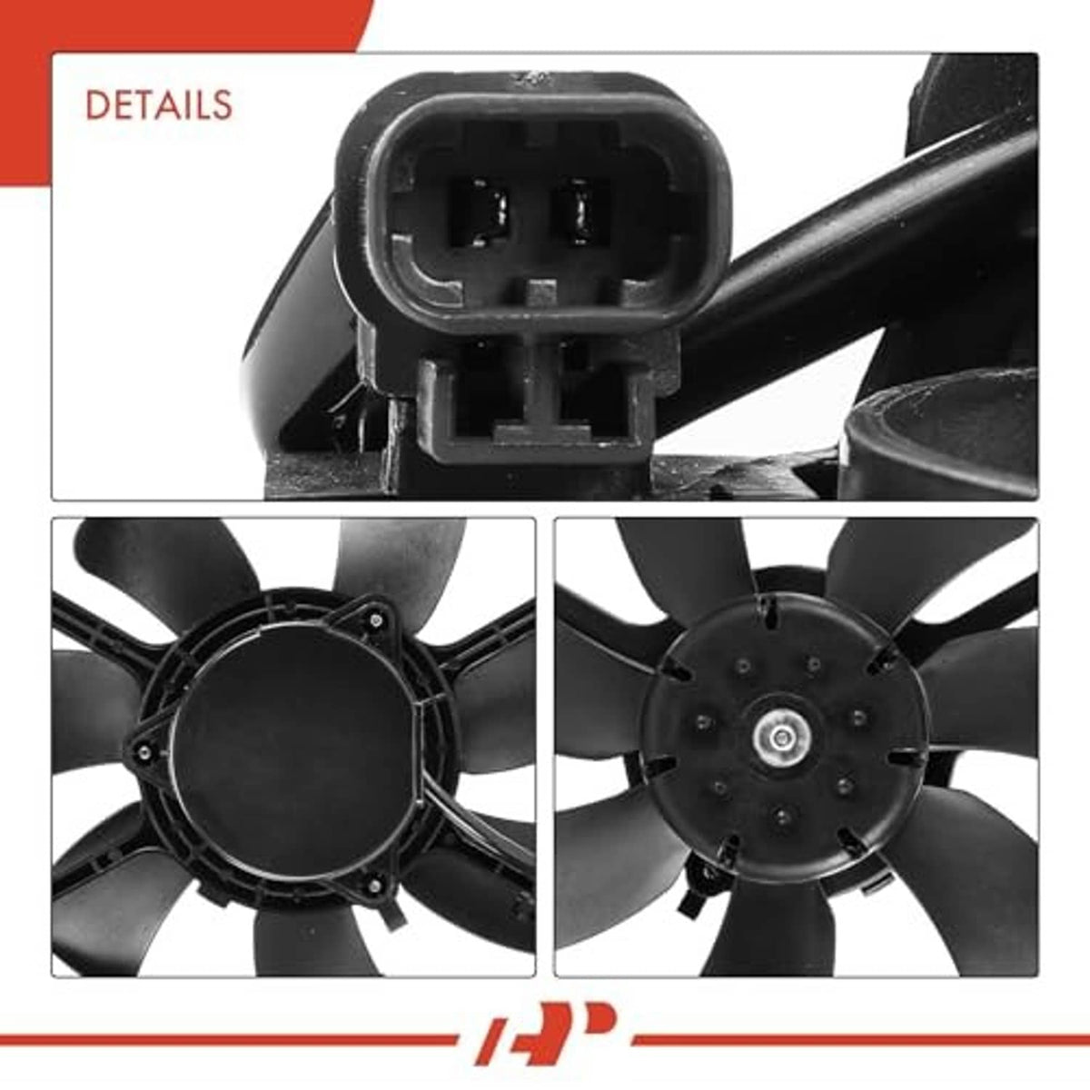 Radiator cooling fan assembly close-up of electrical connector and fan hub