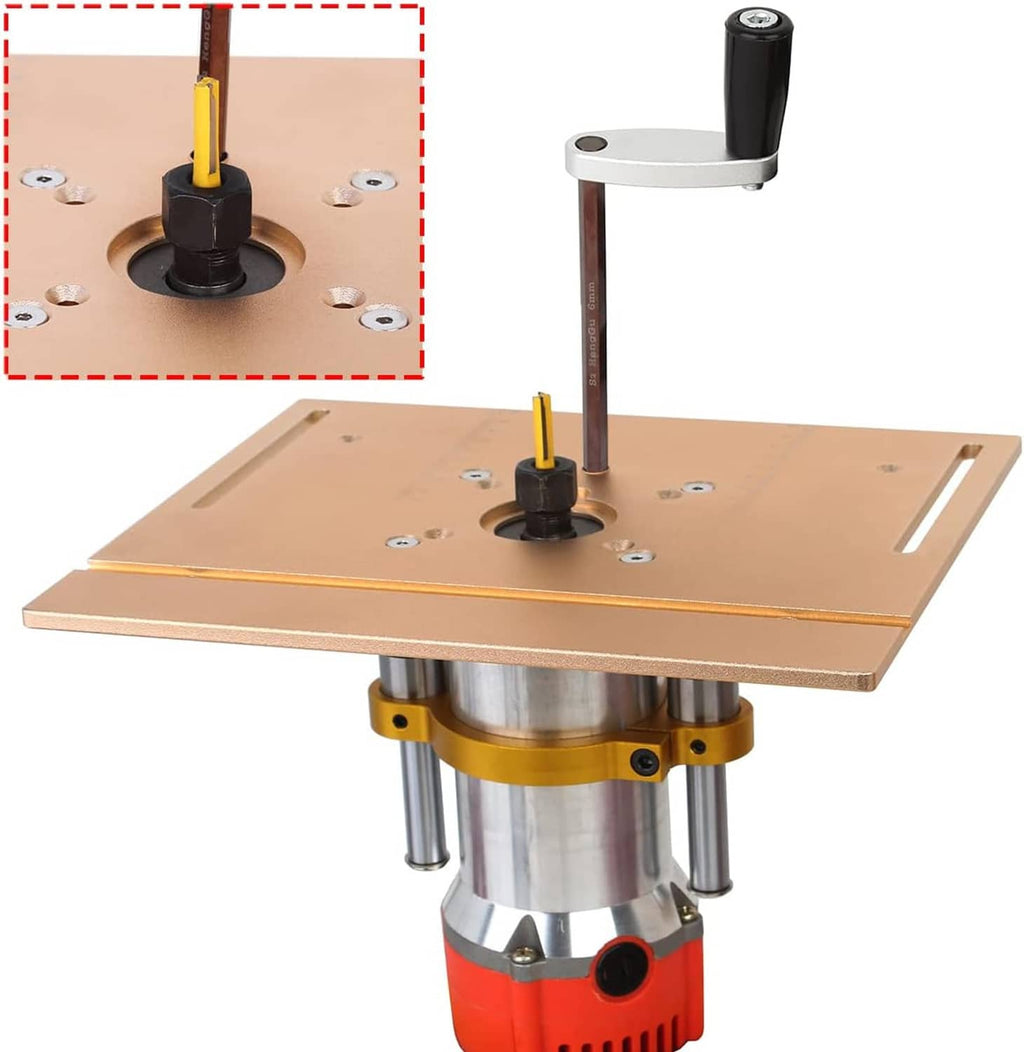 Router lift base plate on metal cylinder with yellow frame and black height rod