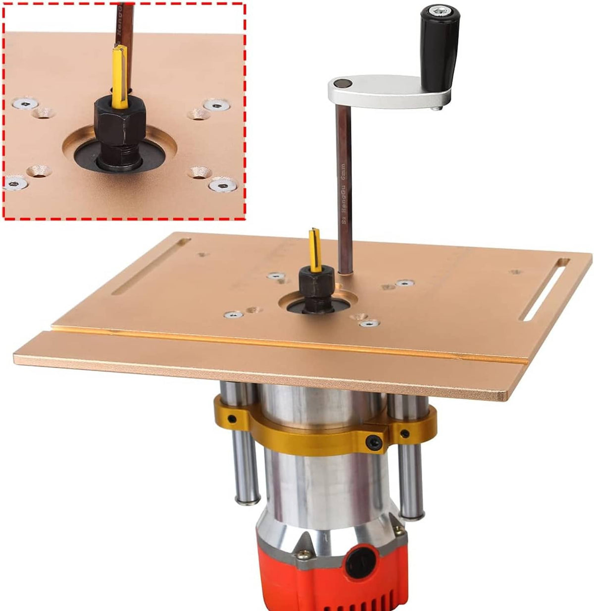 Router lift base plate on metal cylinder with yellow frame and black height rod