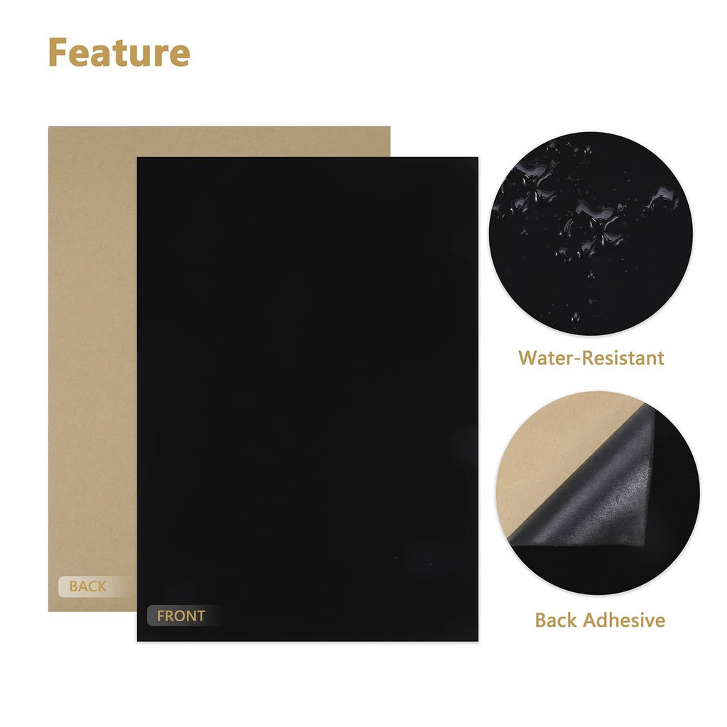 Black self-adhesive sheets with beige backing, front and back views