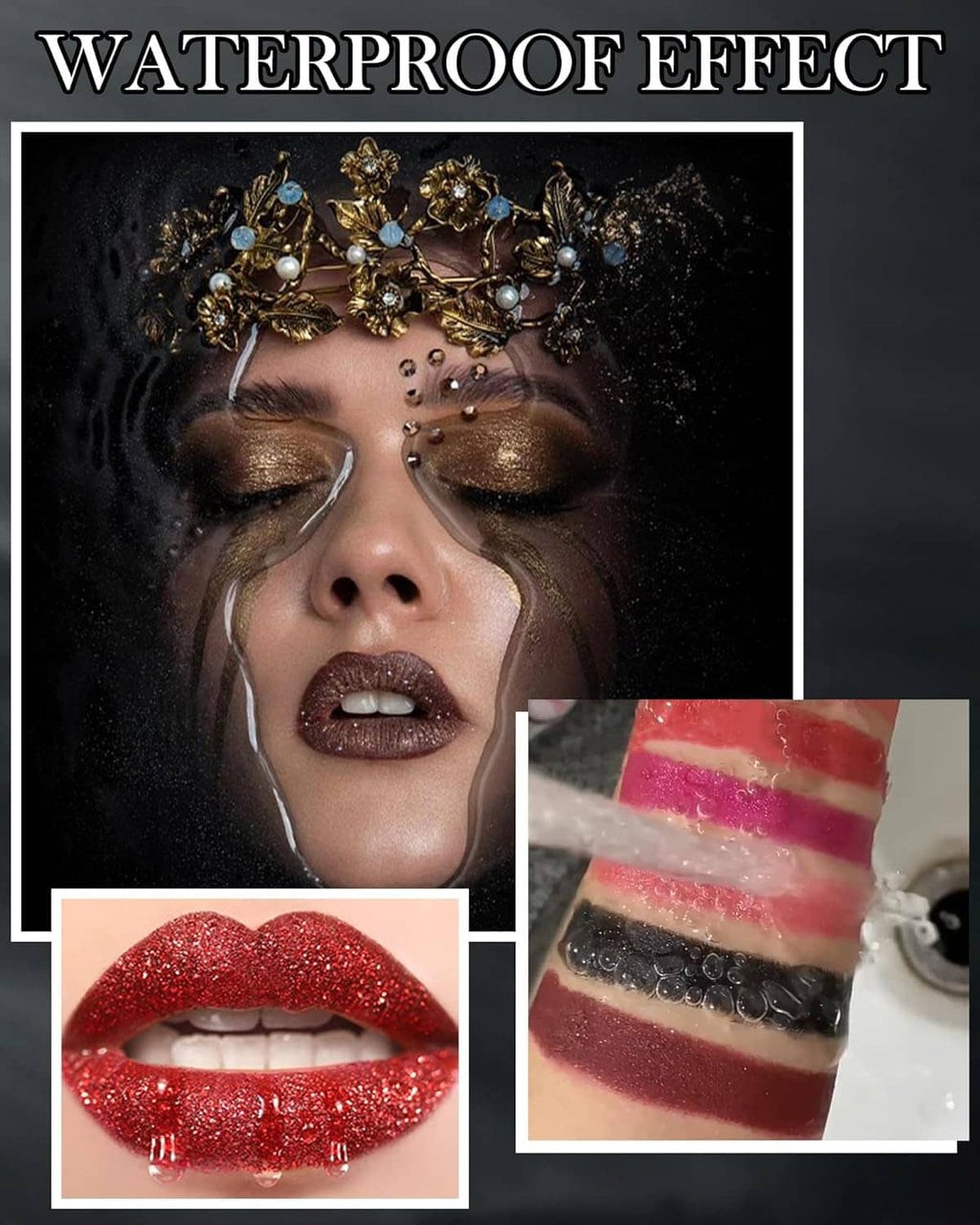 Sparkling glitter lipstick on lips with red-brown shine and glittery lip swatch