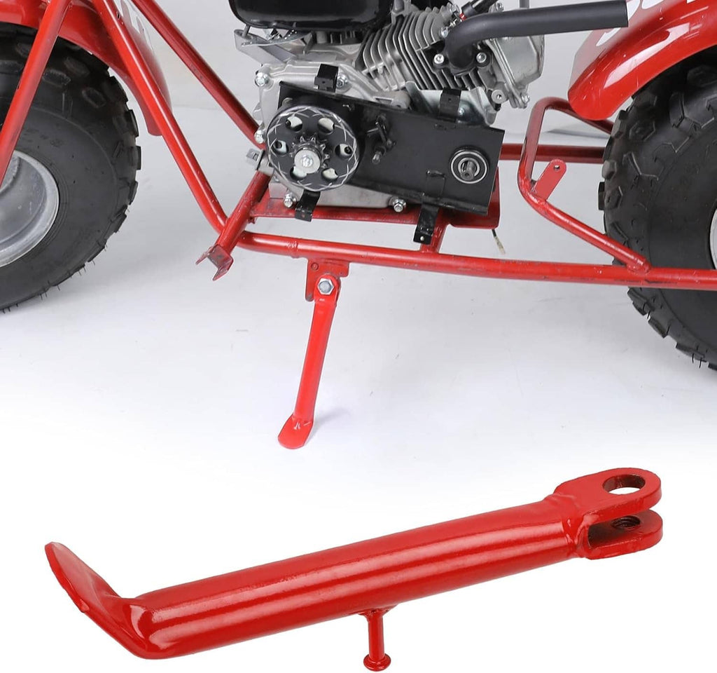 Red mini bike kickstand bracket installed under the frame with spring and pin