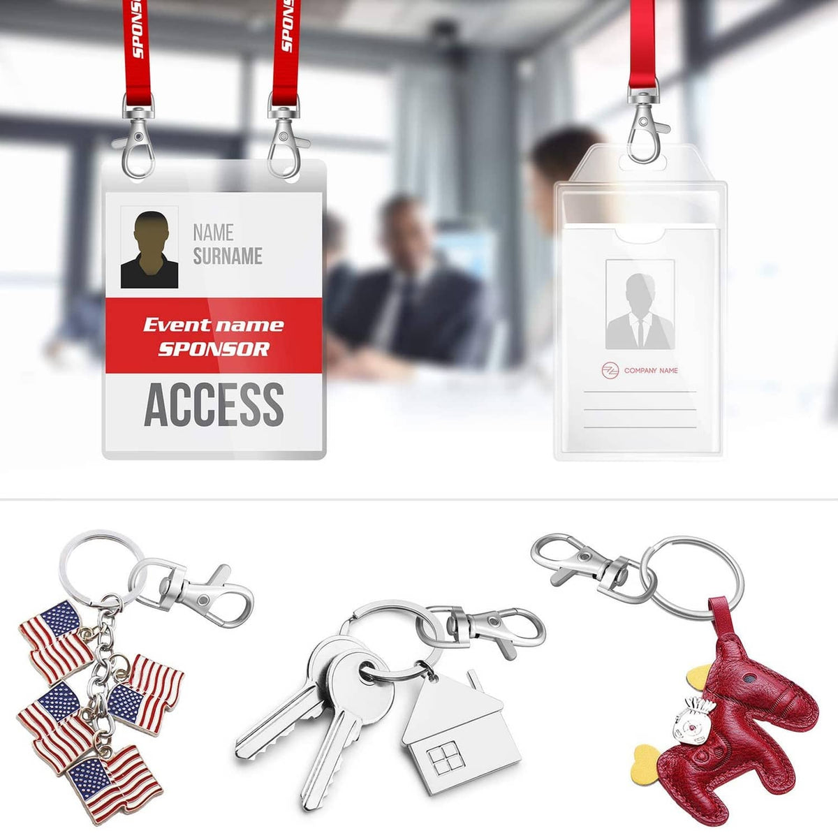 Metal lobster claw key ring clasps with keyring, ID badge and key charm accessories